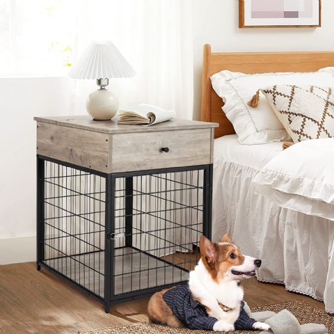 Dog Crates Style Wood Dog Kennel End Table with Drawer, Dog House Indoor Use, Chew-Proof