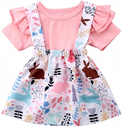 Easter Day-Toddler Baby Girls Clothes Set Ruffle Short Sleeve T-Shirt Tops+ Floral Overall Skirt