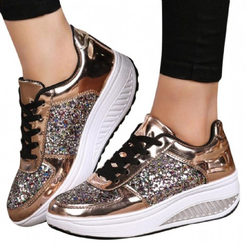 Girls Women's Ladies Colorful Sequins Mirror Wedges Sneakers Sport Casual Thick Bottom Shoes