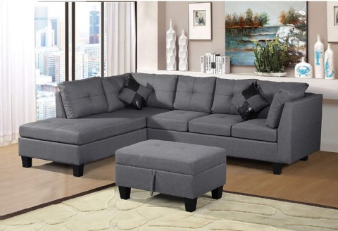 Gray Fabric Corner Sofa for Living Room with Chaise Lounge and Storage Ottoman Living Room Furniture