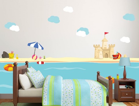 New Sea World Beach with Sand Castle Kids Room Decor Vinyl Theme Wall Decal Art - Boy Girl Unisex