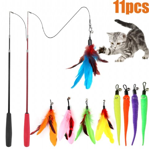 Retractable Cat Feather Toy Set 11PCS, Interactive Cat Toys Wand with 2 Poles & 9 Attachments Worm