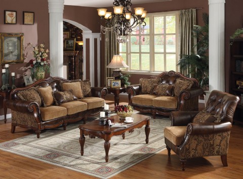 Sofa, Loveseat & Chair Traditional 3 PC Bonded Leather and Chenille Sofa Set