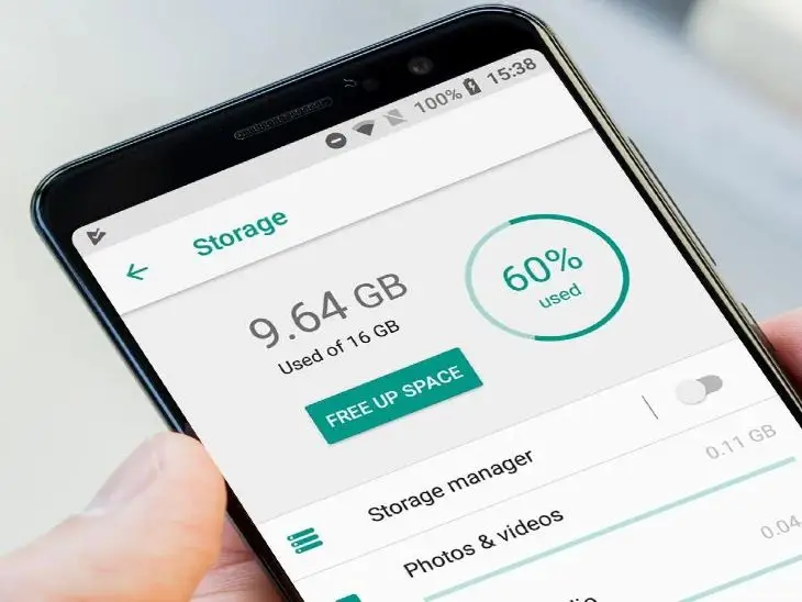 Android phone storage settings screen showing used and free space breakdown with cleanup recommendations