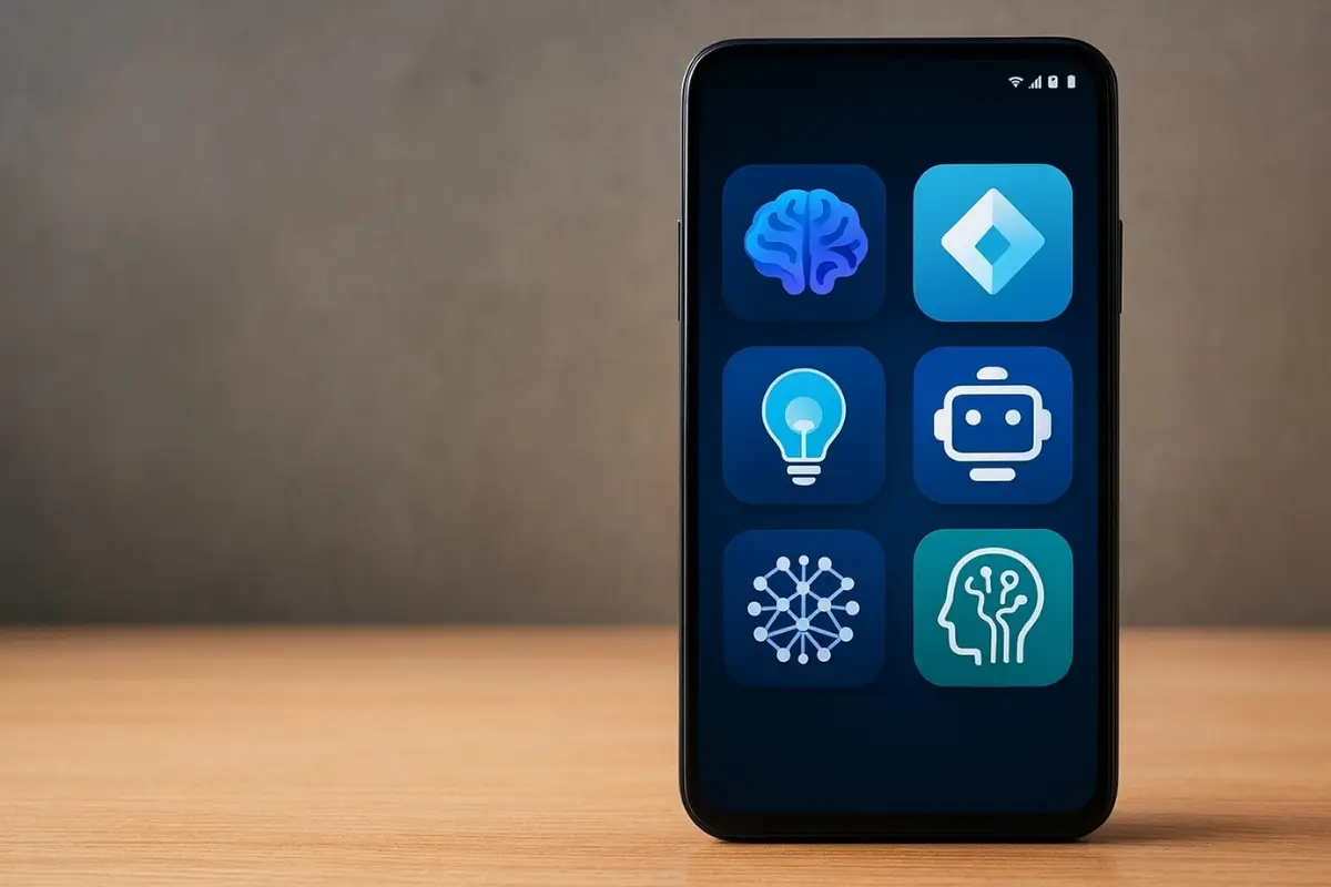 Modern Android smartphone screen displaying top AI app icons as Gemini alternatives in 2026