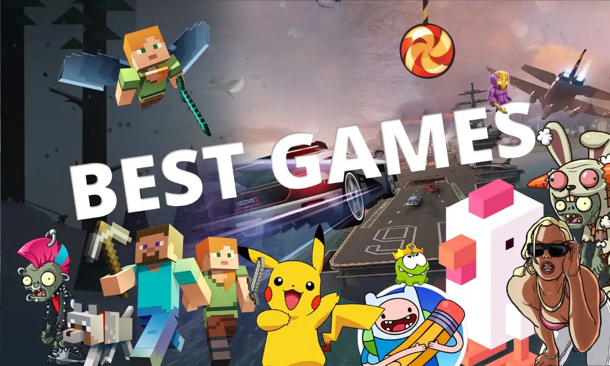 Collage of popular mobile games featuring Minecraft, Pokémon, Asphalt, Plants vs Zombies characters