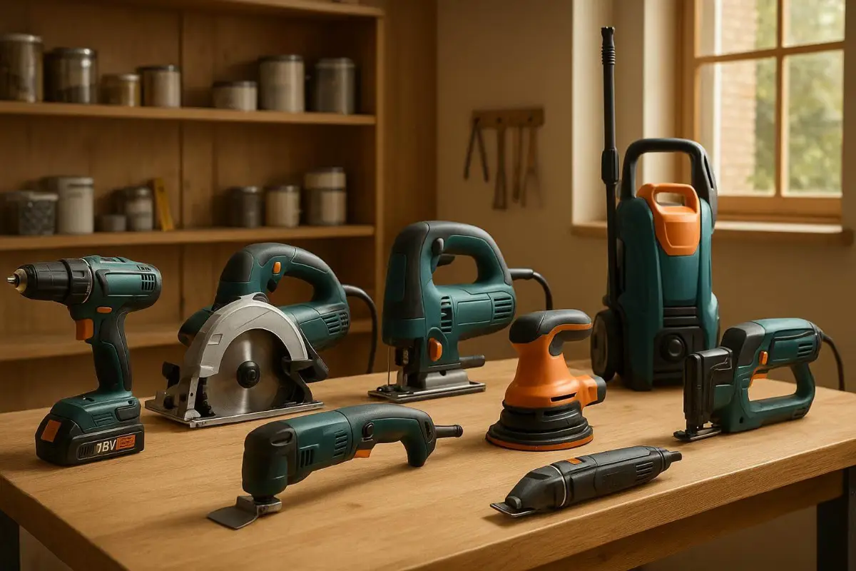 Collection of cordless power drills, circular saws, and other essential construction tools arranged for DIY and professi