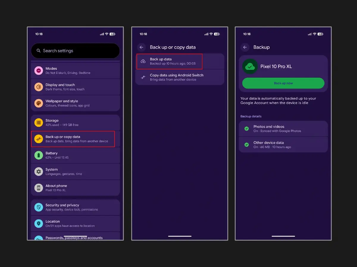Google Pixel phone showing backup settings screen