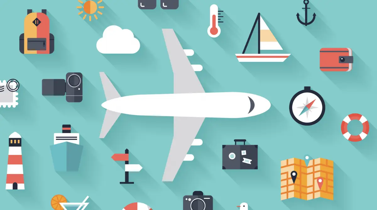 Colorful flat lay illustration of airplane and travel icons representing holiday booking apps and tools