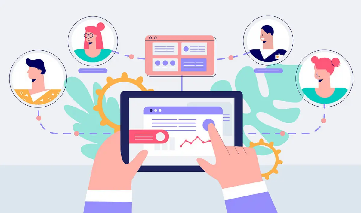 Illustrated concept of essential remote work software tools and productivity applications