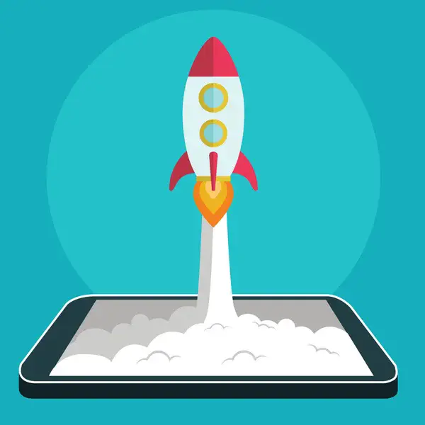 Flat vector illustration of rocket launching from smartphone symbolizing speed and performance boost