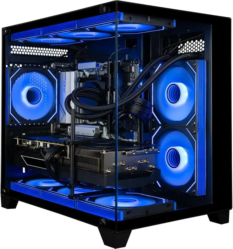 Tempered glass PC case with vibrant blue RGB fans and modern components