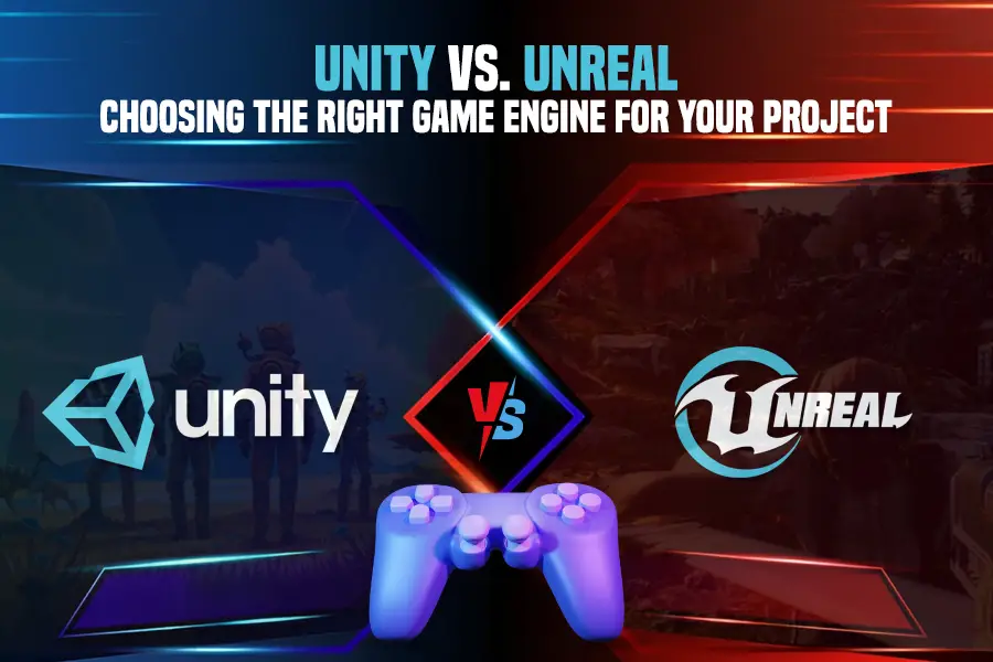 Colorful illustration comparing Unity and Unreal Engine interfaces with game development scenes for beginners
