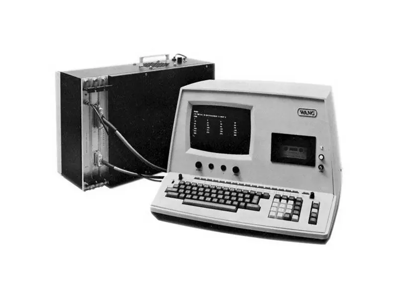 Vintage 1973 Wang 2200 all-in-one minicomputer with integrated CRT display, keyboard, and cassette drive.
