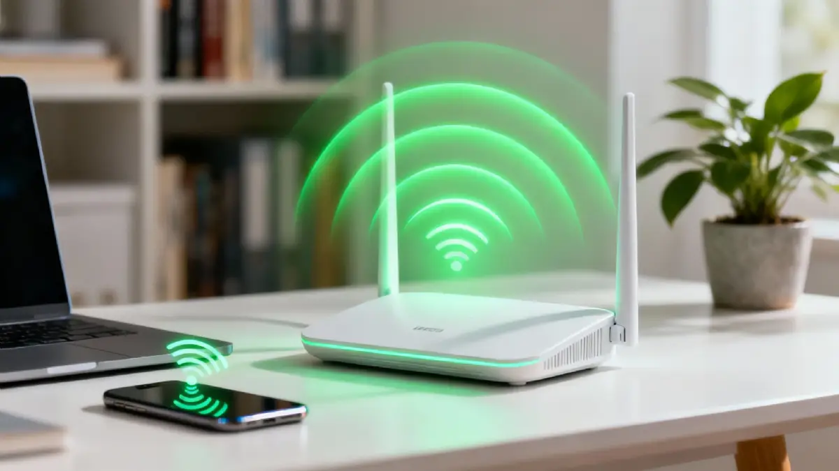 Router with strong glowing Wi-Fi signal waves improving home coverage