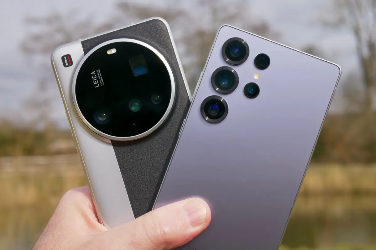 Side-by-side close-up of Xiaomi 15 Ultra and Samsung Galaxy S25 Ultra rear camera islands with multiple lenses